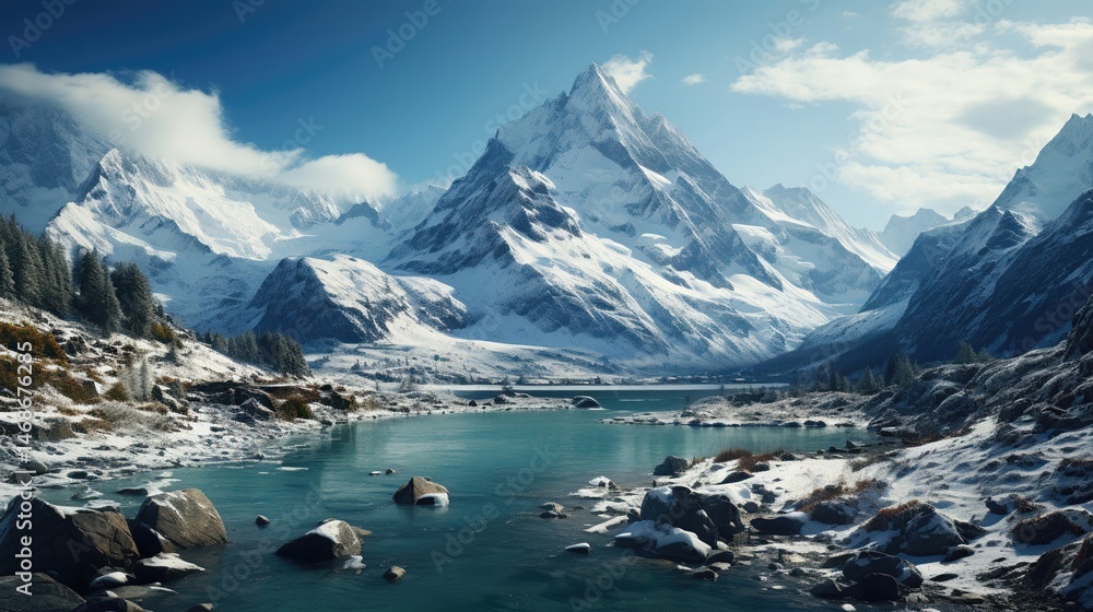 Obraz premium Majestic Snow-Capped Mountains with Crystal Clear Blue Lake