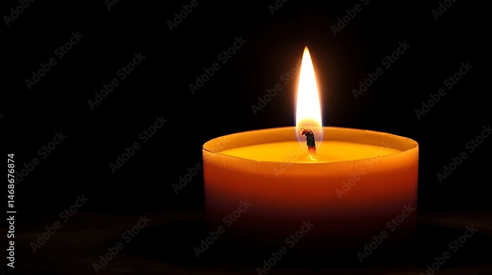 Single candle flame burning brightly in dark background. Single candle flame burning brightly in dark background.