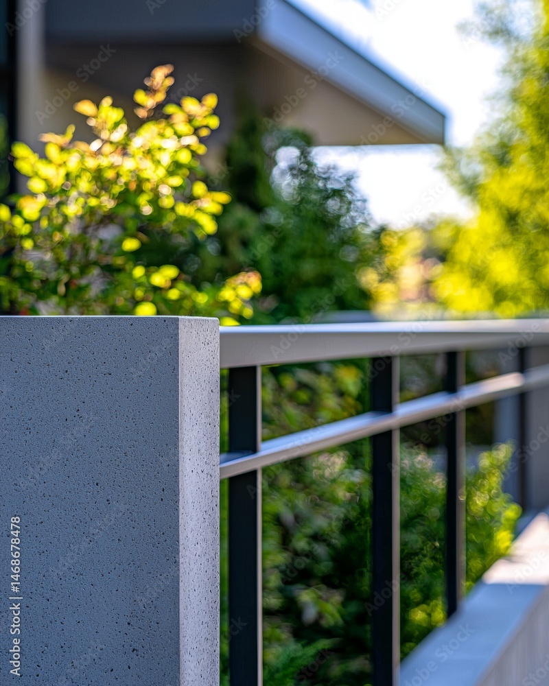 Fototapeta premium Modern Gray Concrete Fence with Dark Gray Metal Railings and Lush Green Foliage
