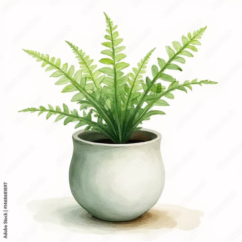 A serene watercolor image of a ceramic plant pot with a fern A serene watercolor image of a ceramic plant pot with a fern