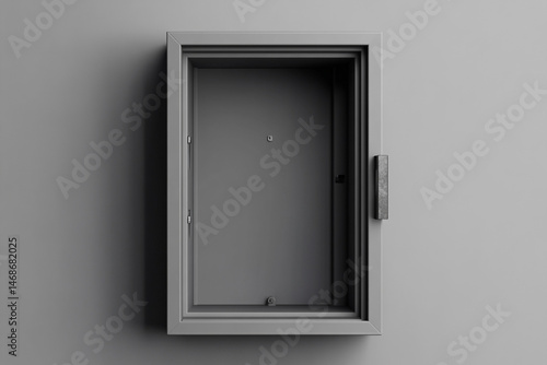 Gray metal wall mounted empty cabinet with handle