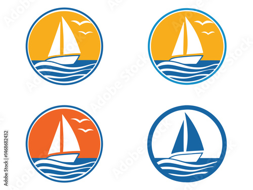 Four Sailboat Logos in Circles with Ocean Waves and Birds