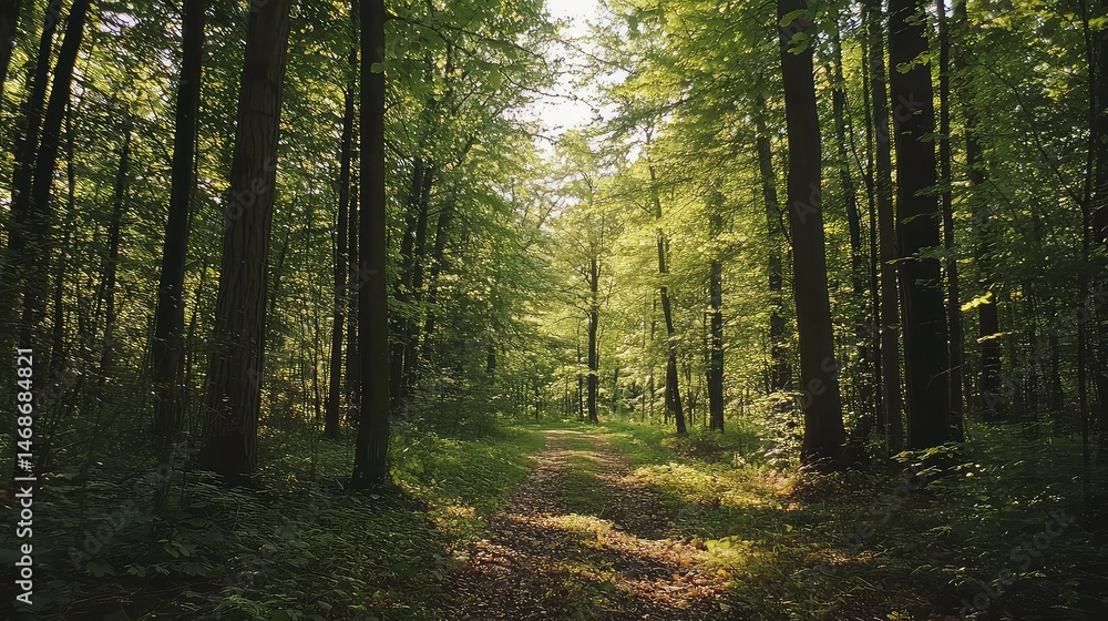 Fototapeta premium Sun Drenched Forest Path Through Lush Green Woodland Scenery with Sunlight Filtering Through Dense Canopy