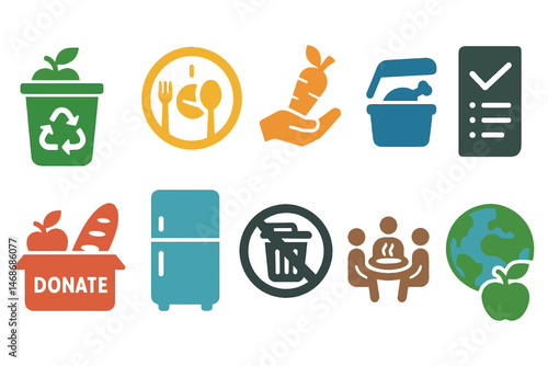 Food Waste Prevention Icons Donate Recycle Save Eat Eco Set