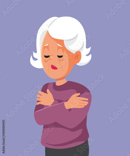 Unhappy Lonely Elderly Woman Hugging Herself Vector Illustration. Sad anxious granny being all by herself in her golden years
