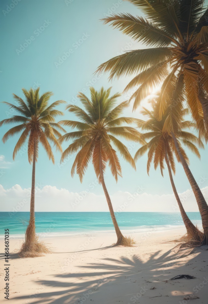 Fototapeta premium Sun-drenched palm trees, soft sand, turquoise ocean Vintage film grain , green leaves, peaceful