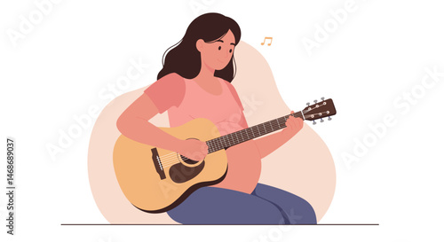 Pregnant woman playing guitar and enjoying music in a cozy setting  