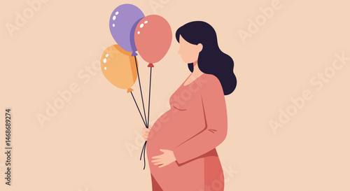 Happy pregnant woman holding colorful balloons against a pastel background  