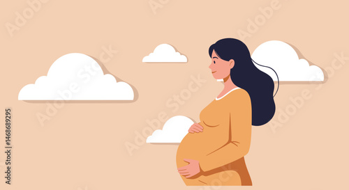 Pregnant woman feeling joyful standing against a soft cloud background  