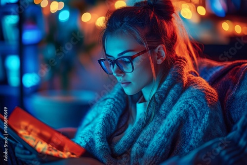 Intriguing young woman engrossed in reading a book.