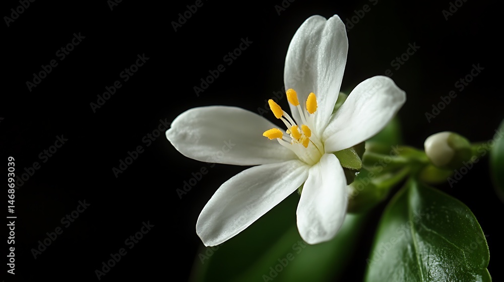 Close-up of a delicate white flower against a dark background. Close-up of a delicate white flower against a dark background.