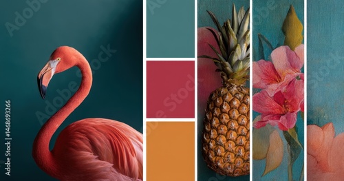 Vibrant flamingo, pineapple, and floral collage art.