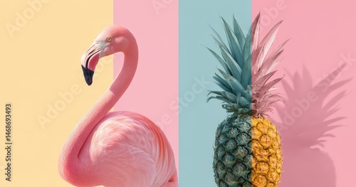 Vibrant flamingo and pineapple against pastel backgrounds.