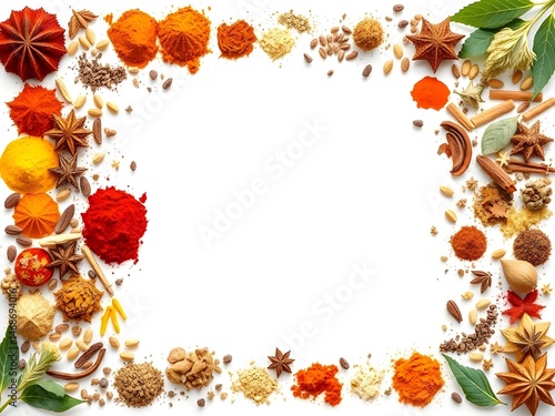 various herbs and spices border on white background