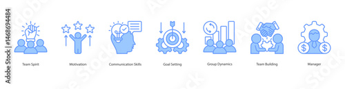 Team Motivation web banner icon sheet vector team spirit, motivation, communication skills, goal setting, group dynamics, team building, manager
