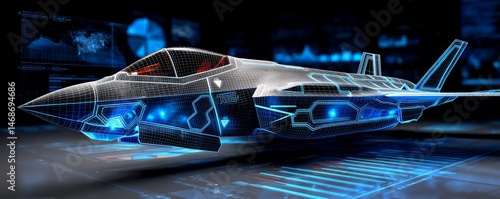 Wireframe Hologram of F-35 Fighter Jet with Blue Digital Lines