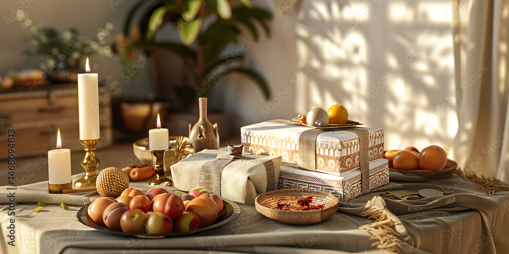 Cozy Table Setting with Candles, Gifts, Fruits, and Snacks in Sunlight
Cozy Table Setting with Candles, Gifts, Fruits, and Snacks in Sunlight