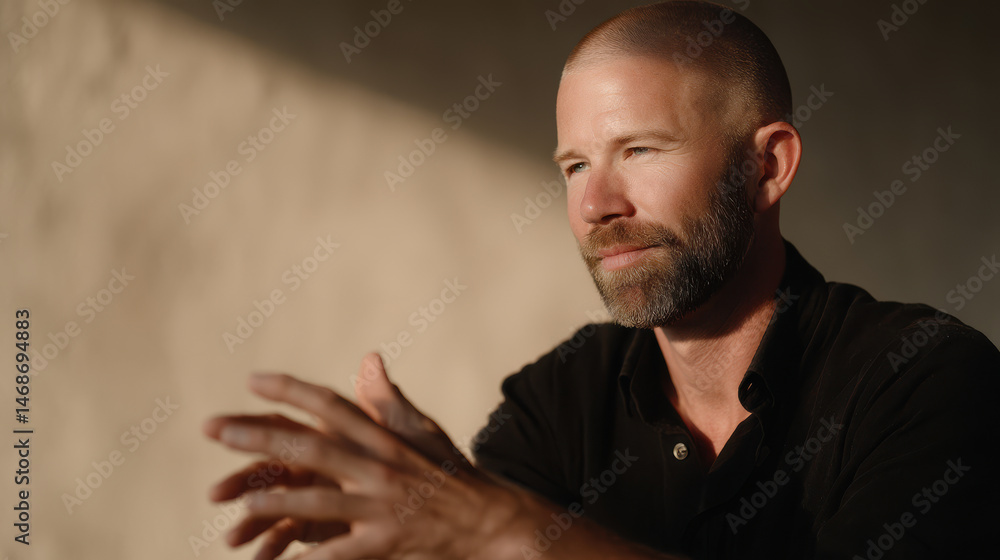 Fototapeta premium seismologist portrait on left side of frame hands out of shot concentrated expression