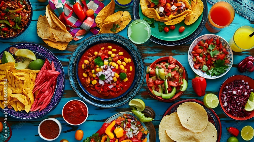 Fototapeta premium Colorful spread of Mexican-inspired dishes