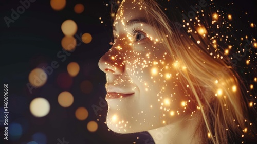 Closeup young adult female face lit by glowing golden data particles representing futuristic digital marketing analysis artificial intelligence visualization performance tracking for ecommerce ads.