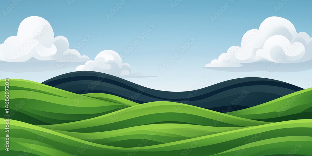 Vector illustration of stylized rolling hills and fluffy clouds under a clear blue sky Vector illustration of stylized rolling hills and fluffy clouds under a clear blue sky