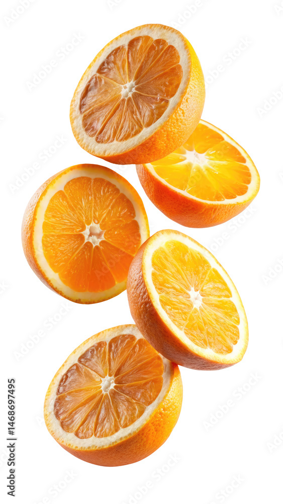 flying orange half slices isolated on transparent white background, clipping path