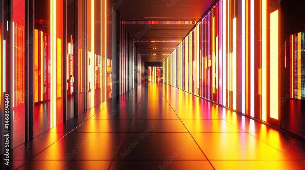 Obraz premium Vibrant, illuminated corridor extending into the distance.