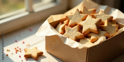 A delightful collection of star-shaped cookies nestled in a rustic cardboard box, bathed in warm sunlight near a window