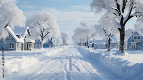 Winter landscape with snow-covered trees and houses.