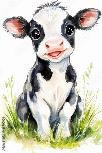 Black and white calf sitting on grass with open mouth smiling watercolour style