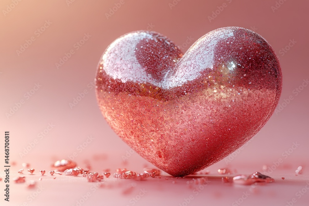 Fototapeta premium A heart-shaped object with a glossy, pink, glittery surface.