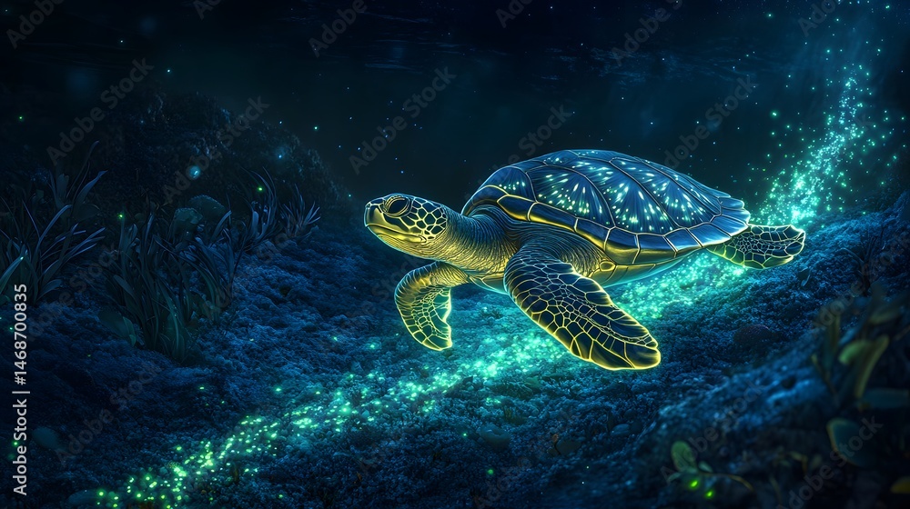 Fototapeta premium Mystical sea turtle glides through glowing underwater world