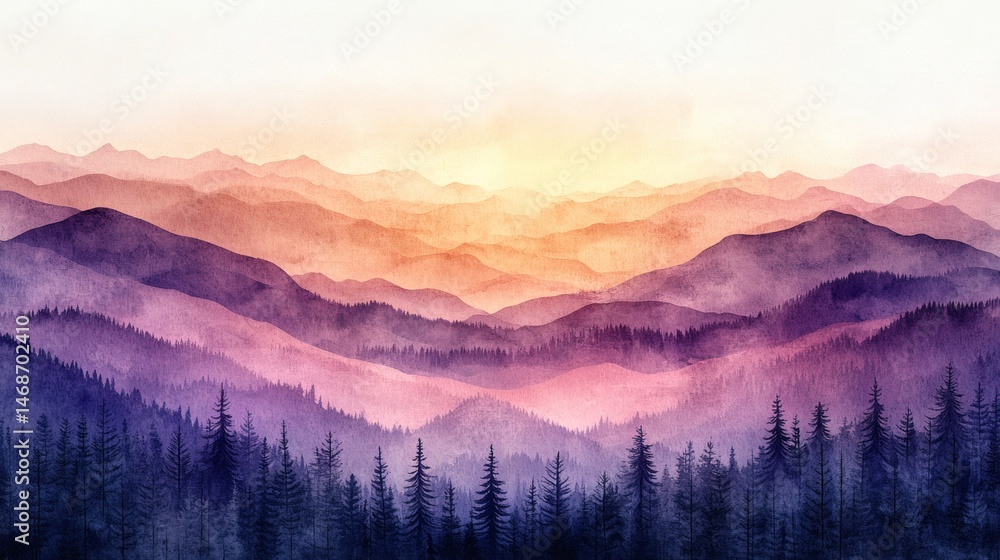 Fototapeta premium Misty sunrise mountain range watercolor landscape