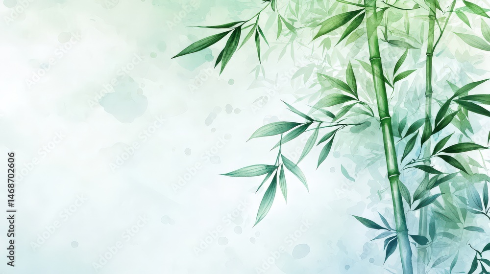 Naklejka premium Delicate bamboo stalks rise from a misty watercolor wash, while leaves float freely in the negative space, creating a soft, serene environment