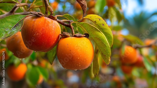 Ripe, juicy persimmon fruit hanging on trees in garden