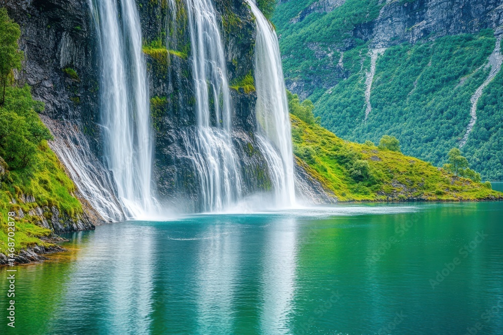Fototapeta premium Exploring the stunning Seven Sisters waterfall in Geiranger Fjord, Norway, surrounded by lush green mountains, Geiranger fjord, waterfall Seven Sisters Beautiful Nature Norway natural landscape