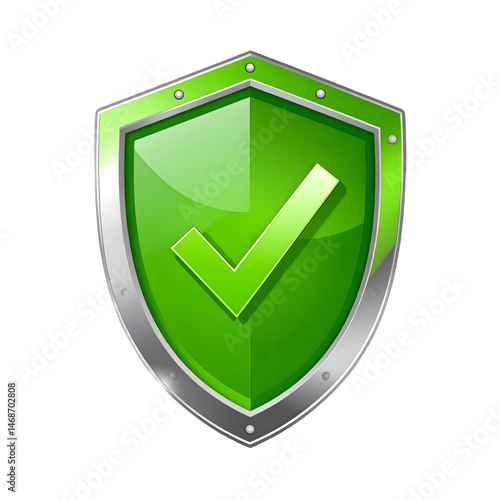 Security Shield Emblem: A glossy green shield emblem with a bright green check mark conveys safety, protection, and trustworthiness in this vibrant digital artwork.