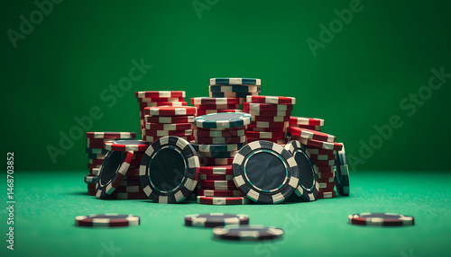 gambling casino chips standing in a pile on table on green background , with white tonespng