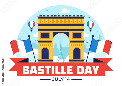 Happy Bastille Day Vector Illustration on July 14, featuring the French Flag, Ribbon, and Eiffel Tower in a National Holiday Flat Background