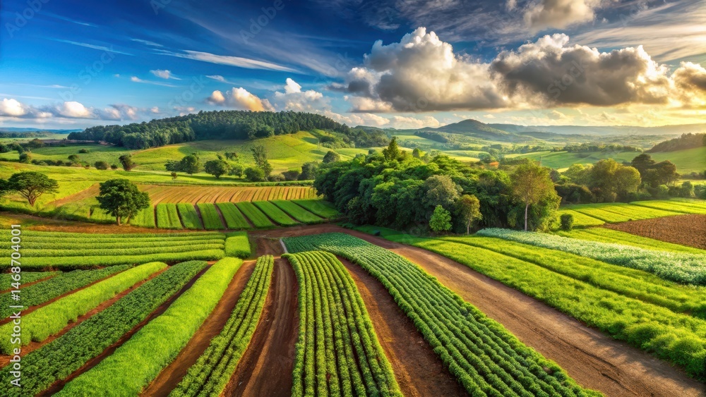 Panoramic view of a fertile agricultural land with mature crops and lush greenery stretching as far as the eye can see, showcasing the beauty of nature's bounty , crop, landscape Panoramic view of a fertile agricultural land with mature crops and lush greenery stretching as far as the eye can see, showcasing the beauty of nature's bounty , crop, landscape