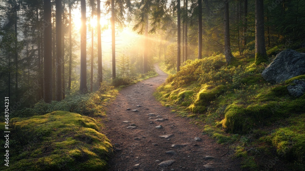 Obraz premium Sunlit forest path winding through mossy woods.