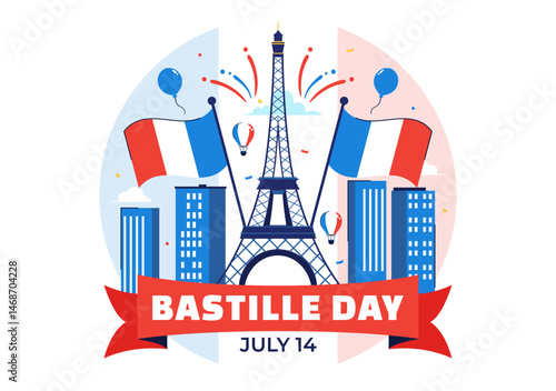 Happy Bastille Day Vector Illustration on July 14, featuring the French Flag, Ribbon, and Eiffel Tower in a National Holiday Flat Background