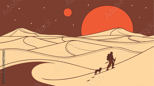 Desert Wanderer with Companion Under Twin Suns