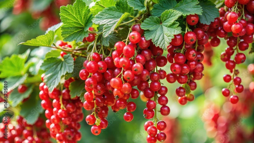 Fototapeta premium Summer bush of red currant plant with abundant ripe red currant berries hanging from its branches