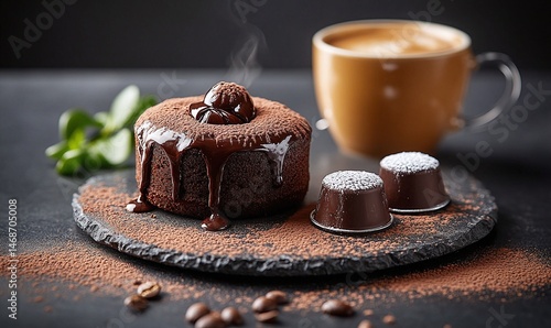 A delectable chocolate dessert alongside a steaming coffee drink.