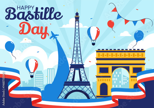 Happy Bastille Day Vector Illustration on July 14, featuring the French Flag, Ribbon, and Eiffel Tower in a National Holiday Flat Background