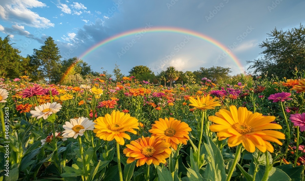 Naklejka premium Rainbow over the Flower Garden, Generative AI