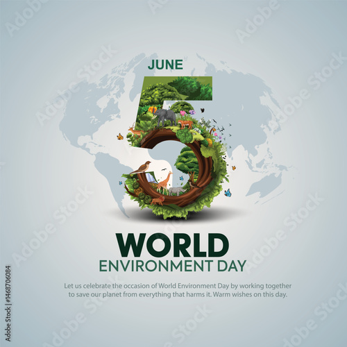 world environment day poster. green plant and 5 letter. abstract vector illustration design.