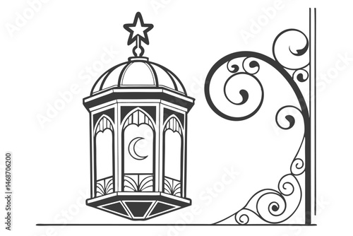 204 Silhouette lantern, Islamic design, cylindrical shape, star-topped dome, three arched windows, black and white graphic, minimalist illustration, decorative lighting fixture, Ramadan symbol, vector