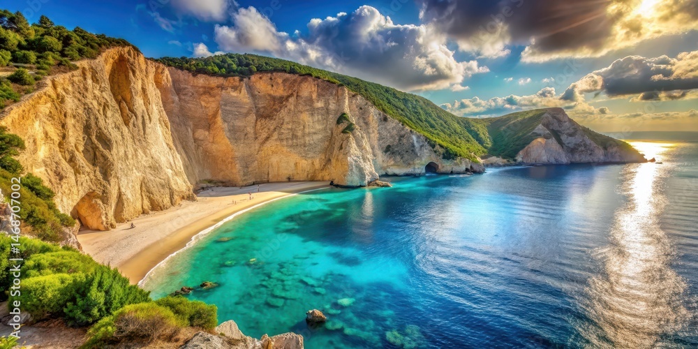Fototapeta premium Sandy cove surrounded by towering cliffs and lush greenery at Porto Katsiki beach in Greece
